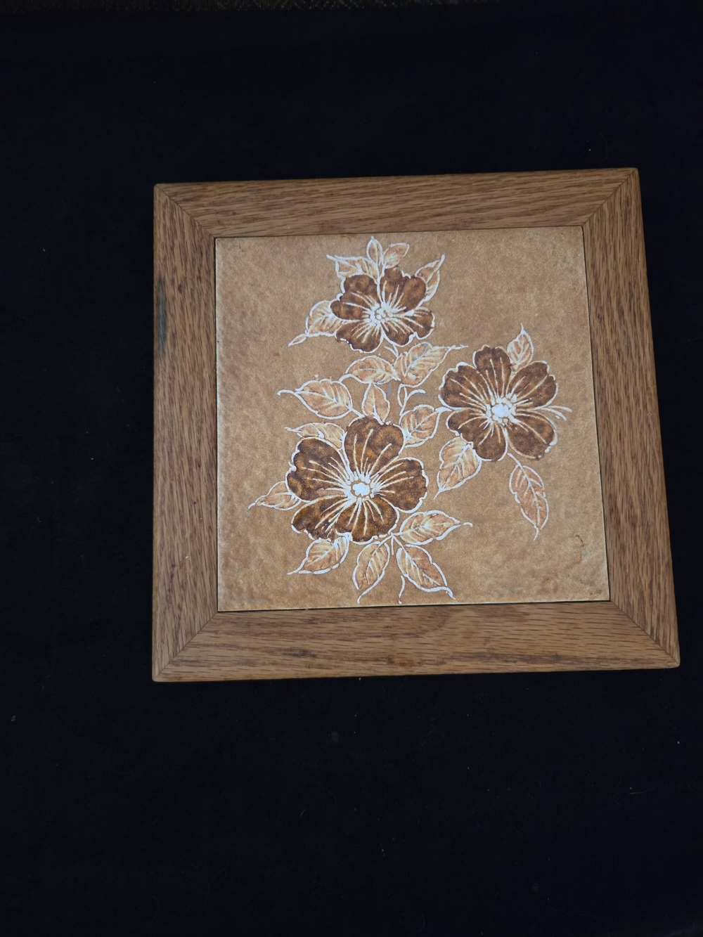 Framed Italian Floral Tile Wall Art Or Trivet - Brown Wood Frame